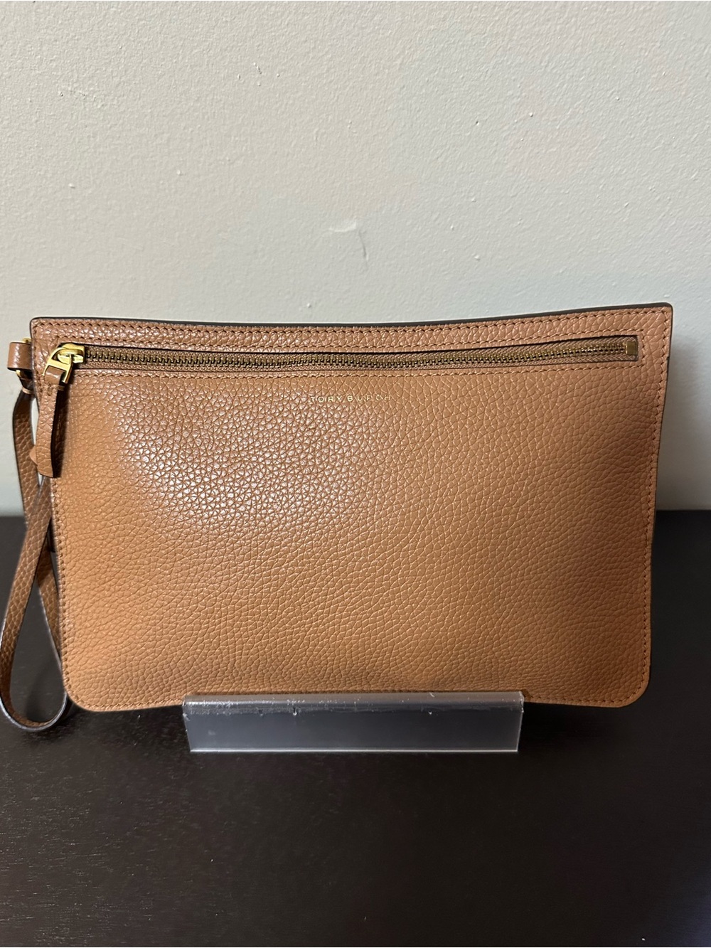 Tory Burch Camel Pebbled Leather Wristlet with Gold Hardware
